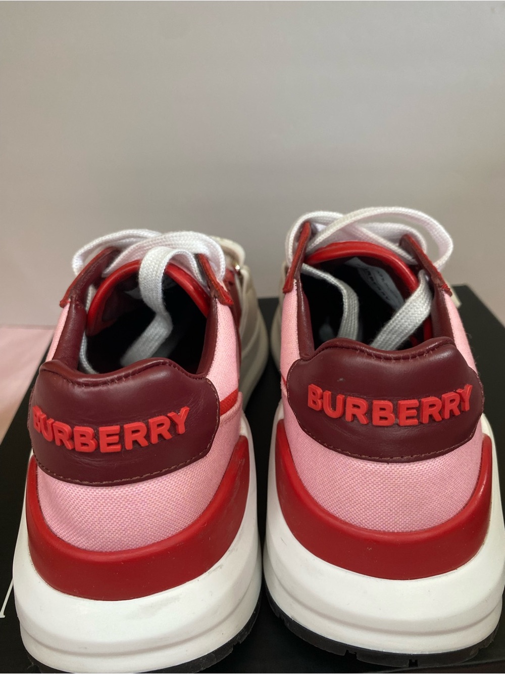 BURBERRY Red and Pink Lace-Up Strap Sneakers - Picture 6 of 15